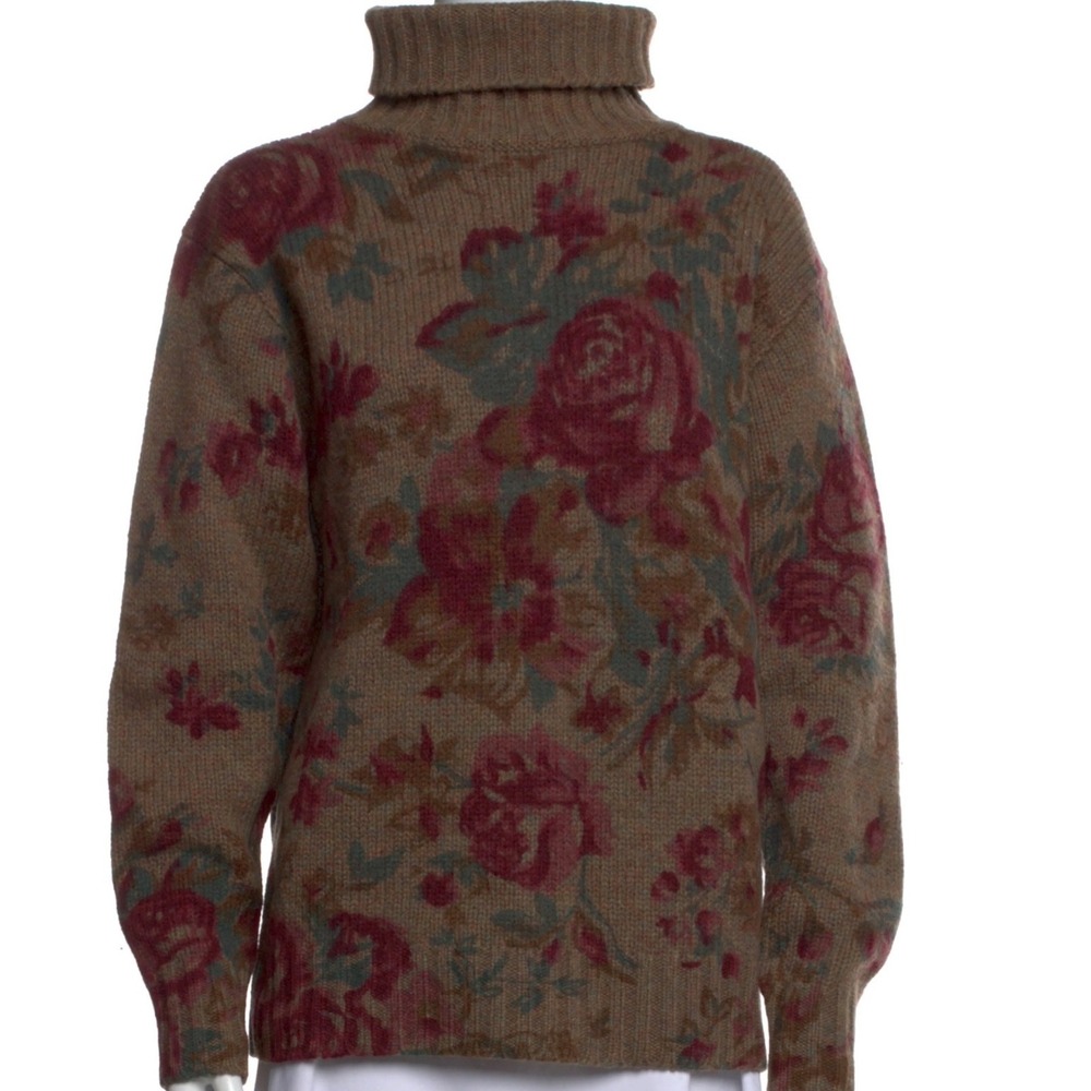 Vintage 90s Ralph Lauren Women's size S Floral Wool Turtleneck Sweater Roses - Picture 5 of 8